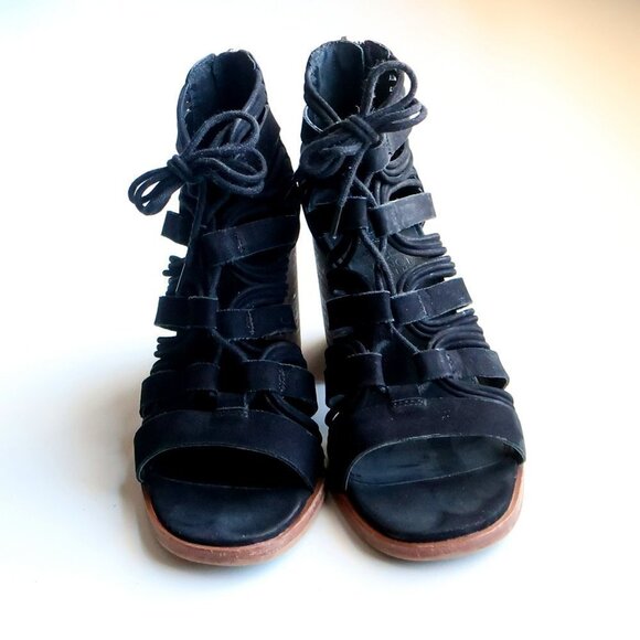 Vince Camuto Black Suede Leather Strappy Cutout Block Heel Sandals Bootie Shoes - Picture 11 of 15